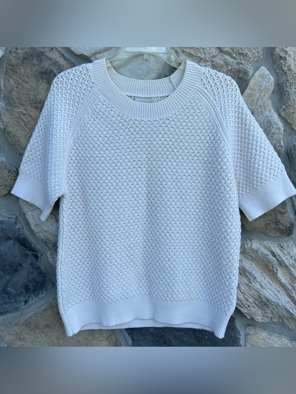 Varley Lucy Knit Top Size L Ivory Waffle Knit Athleisure Quiet Luxury Minimalist